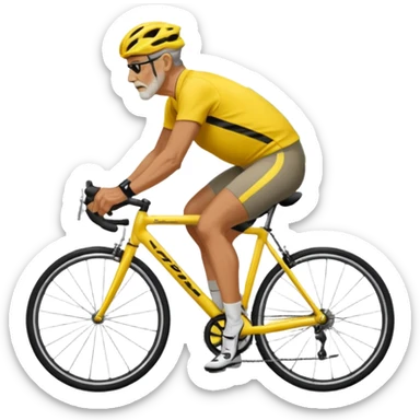 60-year-old man, about 225 lbs, in loose cycling clothes, yellow and black top, straddling grey road bike, graphic design with background as a road with trees sticker