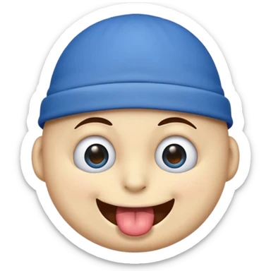An emoji with a blue hat on its head and 1 blink and tongue sticking out sticker