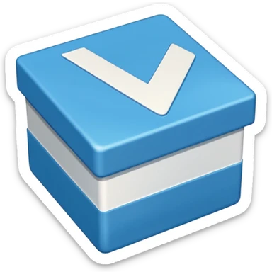 Blue box with a white check mark in the middle of the blue box that is a little bit tilted to the right and its 1 dimensional  sticker