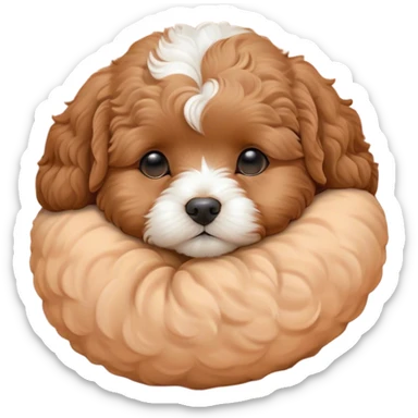 Cinematic cute Sleeping Cavoodle Portrait Emoji, cute and serene, with a round, cuddly build and a soft, curly apricot coat with subtle white patches, eyes gently closed in peaceful slumber, Simplified yet irresistibly endearing features, highly detailed, glowing with a gentle, dreamy glow, high shine, relaxed and content, stylized with a touch of whimsy, bright and heartwarming, soft glowing outline, capturing the essence of a blissfully sleepy companion, so comically serene it feels like it could roll out of the screen and snore with adorable charm! sticker