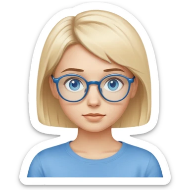 blonde girl with short haircut, blue eyes, beige T-shirt and blue eyes wearing rounded glasses sticker