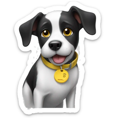 Black and white dog with one slightly floppy ear, and one year higher. She has a yellow collar with a round tag. Her mouth is closed. sticker