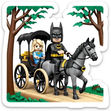  Ultra cute  Lego detailed 1854 Batman and pretty Catgirl driving a horse drawn family-size Caravan alone together on a romantic trail in the woods  sticker