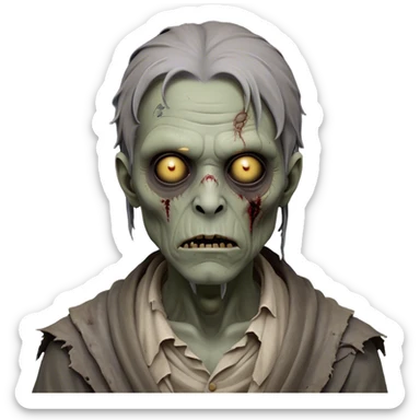 Cinematic Noble Zombie Portrait Emoji, Surprisingly dignified and somber, with a decaying yet strangely regal visage in ashen grays and muted tones, draped in tattered attire hinting at a lost grandeur, simplified yet meticulously detailed, glowing with a soft, eerie radiance and a gentle outline that evokes the tragic nobility of the undead! sticker