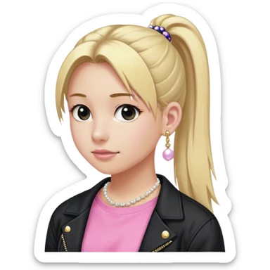 High school white girl with long blonde hair hair tied into a ponytail. Wearing a pink tee shirt with a black jacket and pearl stud earrings. She’s also wearing a short, dainty and girly (maybe 16”) gold chain sticker