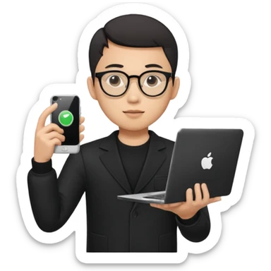 a asia man guy his 20s wearing an apple notebook, wearing bodyguard radio operator, round glasses, blAck clothes sticker