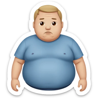 a cartoon fat man holding his stomach wearing t shirt, while looking confused? sticker