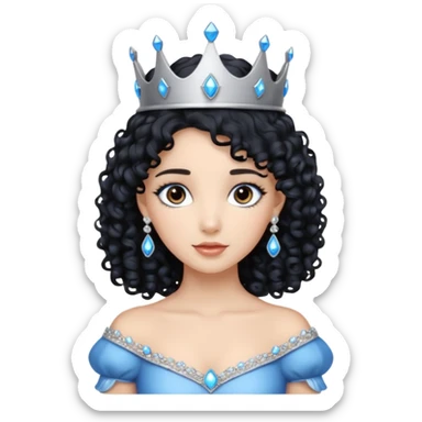 Por favor hazme el emoji de la princesa pero con el pelo negro y rizado, los ojos marrones y la corona plateada con jollas azules sticker