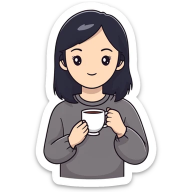 white girl with black hair, self care moment, holding a cup of tea, relaxed sticker