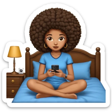a slim thick black girl sitting on her bed with a big afroon her phone sticker