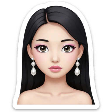 asian long black hair silver grey eyes glossy lips glittery white and light pink eyeshadow girl pearl earrings sticker