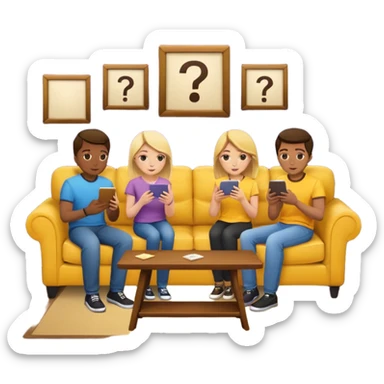 group of friends on couch playing a trivia game couch should be deep dark yellow color.  include a small wooden table in front of the couch as well sticker