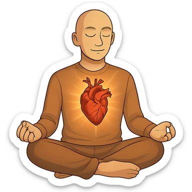 Person is meditating and his heart is glowing and shining, general style, with a real organ heart form, more a form, not cut the arteries, but make them connected to blood system, smaller heart sticker