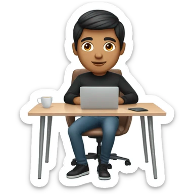     memoji of a man with a laptop in front, apple-style,modern,dark hair,black sweater,computer in hand, Indian brown skin, sitting on his desk with light blue gradient background sticker
