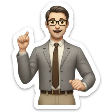 To belt Actively gesturing with hands Pale skinned fit man teacher with dark brown hair in gray jacket, beige office shirt, brown tie, brown pants and vintage glasses. sticker