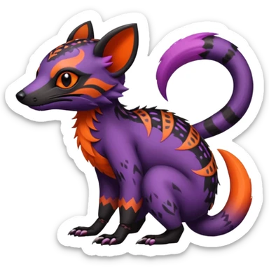 Rare warm-colored exotic gloomy tropical edgy cute epic aesthetic spooky  gothic colorful Salandit-Noibat-Civet-species-Fakemon-hybrid-creature, with tribal tattoo markings, full body sticker