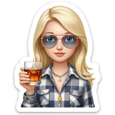 girl
blue eyes
long blond hair with daisy in it
wearing grey/white plaid shirt
wearing aviator sunglasses
wearing silver necklace around her neck
holding a glass of whiskey 
wearing rose gold apple watch  sticker