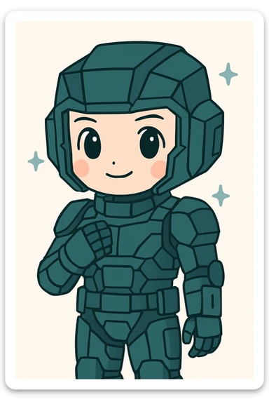Make the helmet more square and angular, less round, while keeping the anime sci-fi soldier style. The helmet should be dark turquoise in color. sticker