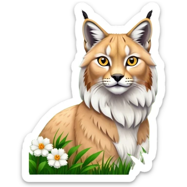 Collage of exotic animals: a lynx with striking eyes, and a fluffy alpaca standing in a lush meadow. The lynx gazes intently while the alpaca looks calm and curious. Surrounded by vibrant plants and flowers. Transparent background for a lively, colorful scene. sticker