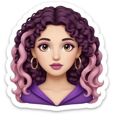 Woman with long dark wavy 2b curls, big brown eyes, thick brows, fair/light-medium skin, rosy blush, glossy mauve lips, gold hoops, and soft natural glam makeup. sticker