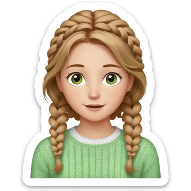 light brown hair blonde hair hazel/green eyes woman with a white cable knit sweater and one braid down her back  with tendrils of hair flowing down her face and she is happy pale, some freckles, blush. she has a cateye wing and long lashes sticker