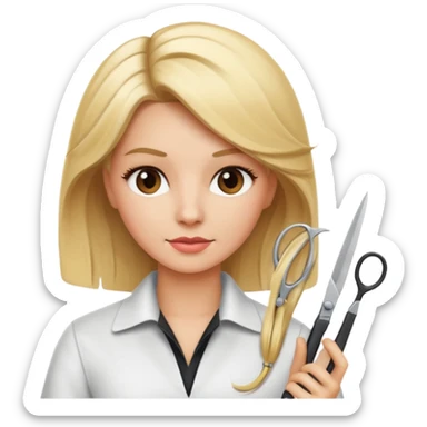 blonde hairdresser styling client's hair with scissors, iOS Apple emoji style sticker