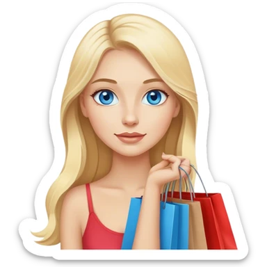 Cinematic realistic blonde with long hair, blue eyes goes shopping in her hands sticker