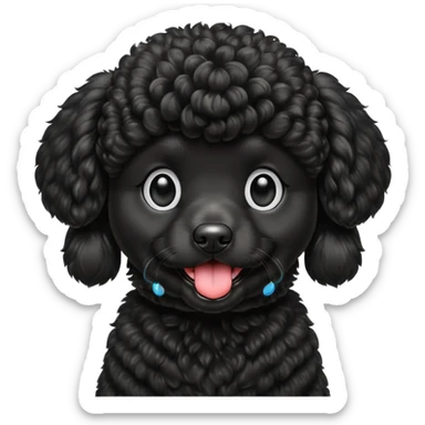 A high-resolution square-format digital illustration of a black poodle in a clean, emoji-inspired semi-realistic style. The poodle is shown from the chest up, facing forward with a slight tilt of the head to the left, tongue out playfully. sticker