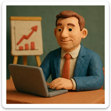 A 35-year-old male business coach sitting at a table with a laptop sticker