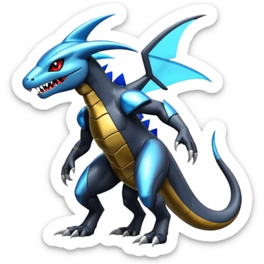 Shiny Futuristic Garchomp-Dusknoir-Salandit-Glaceon-Fakémon-hybrid-creature (full body)  sticker