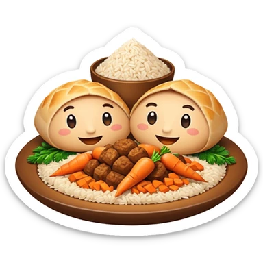 Uzbek cuisine humanless avatar in bright emoji-style illustration. Classic dishes like plov and samsa, warm golden and earthy tones, simple shapes, flat design, high contrast, friendly and appetizing. sticker