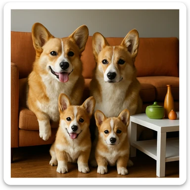 Make the corgi family and living room scene look more realistic and lifelike, with natural fur textures, realistic lighting, and detailed features, while keeping the same composition. The style should be realistic and photorealistic to enhance the natural appearance of the scene. sticker