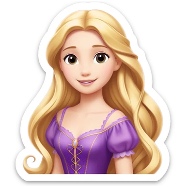 Cinematic Radiant Rapunzel Portrait Emoji, rendered in a flat vector style with clean proportions. Show Rapunzel with a gentle smile, fair, glowing skin, and her iconic long golden hair cascading softly, wearing a simple, elegant purple dress. The image radiates a warm, enchanting glow, high shine, and is accentuated by a soft glowing outline. sticker