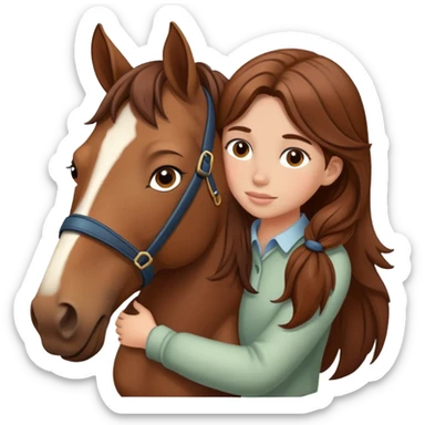 girl with brown hair hugging a horse sticker