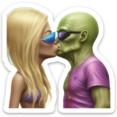 Photo realistic, Donald Trump, kissing and embracing alien woman at the beach by the pool sticker