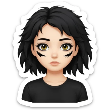 a pretty bratz fair girl with messy shaggy black hair with mascara smudged wearing a tight black tee sticker