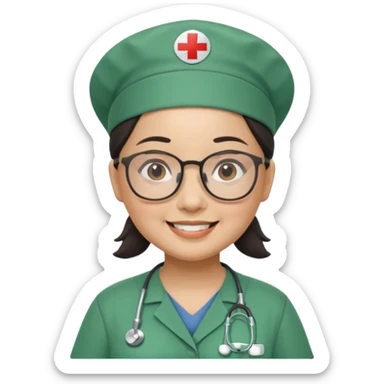 FILIPINA FEMALE NURSE, CHUBBY, NO HAIR, WITH GLASSES, GREEN SCRUBS, AND CAP, SMILING sticker
