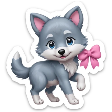 an animated gif-style sticker emote of a wolf puppy bent forward in a playful pose wagging its tail in a smooth, natural arc over its back. It has a pink bow in front of its ear and bright blue eyes sticker