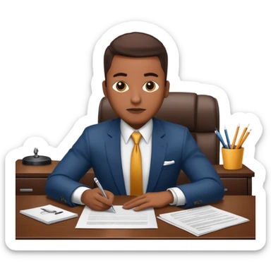 Hip hop music record company executive in office sitting at desk with contract on top of desk sticker