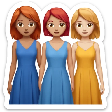Can you create an image of 3 friends together one with red bright hair light skin one the other with brown hair with some blonde highlights in the hair fair skin the last one with light brown a tint of orange hair with flowy dresses sticker