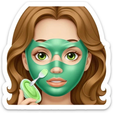 girl with long wavy light brown hair applying face mask skincare sticker