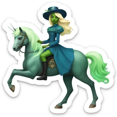 "galora green blonde alien woman" in blue Victorian dress elegant, full body, on unicorn sticker