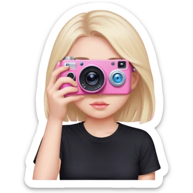 Blue eyed girl taking pics on a pink camera wearing black t shirt and the camera is covering her eye sticker