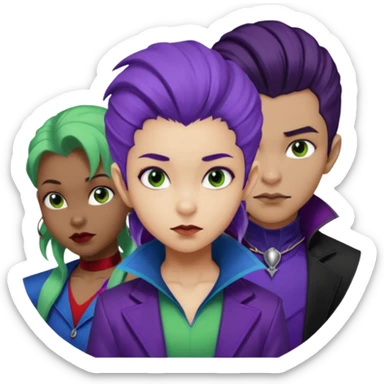 Solo poly platonic relationship, one African girl, one Asian boy, one biracial features Asian tomboy girl rat-tail hair long and upper masculine hair 90s, vampire and marvel cosplay elements inspired  use marvel colours, like instead of obvious human, green purple blue etc,  sticker