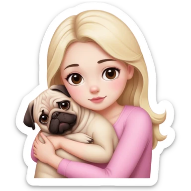 Blonde girl with brown eyes, white skin, pink blush, hugging a pug sticker