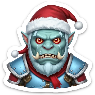 
Fantasy Christmas orc legion soldier icon, iron tundra army theme, heavy winter armor, disciplined brutal look, icy blue steel armor with deep crimson accents, frozen metal texture, cold winter atmosphere, male variant sticker