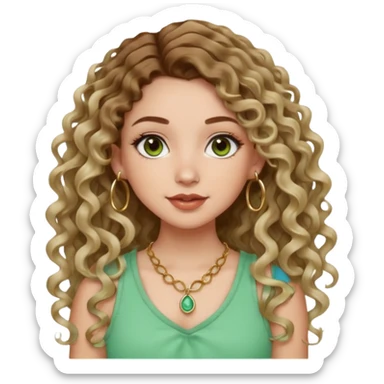 cute girl with not volominous VERY LONG curly/wavy balayage hair brown eyes full lips cute makeup cute necklace and hoop earrings white girl with light green top sticker