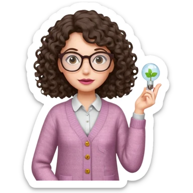 A crazy female scientist, with curly-wavy dark brown hair, brown eyes and light grey glasses and pale skin and pinkish lips, dressed to look like an english teacher sticker