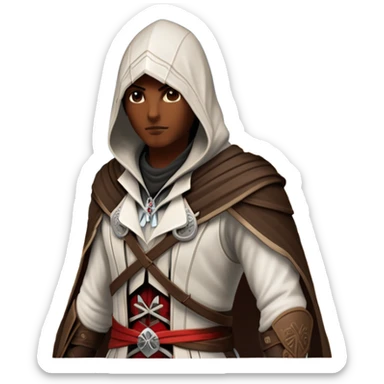 icon featuring Assasin's Creed in an iconic assassin's hood, standing tall against the backdrop of Florence. The design captures the essence of adventure, with intricate details of historical architecture and a sense of mystery. The character is poised, ready for action. transparent background. sticker