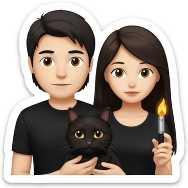 The man is wearing a black shirt and the women is wearing a black top and has longer hair. The cats fur  is lighter  sticker